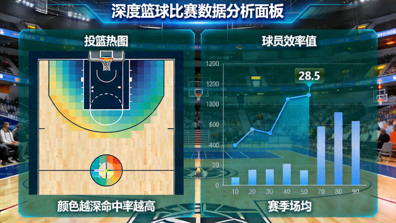深度篮球比赛数据分析面板，展示球员投篮热图与效率值