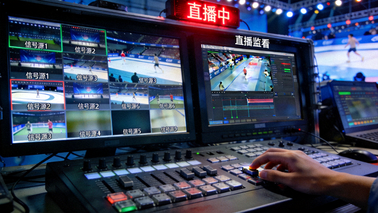 赛事直播导播间内多路信号切换与直播监看的画面